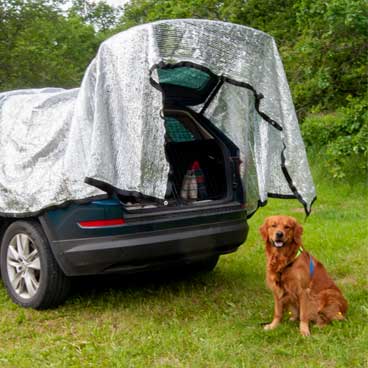Silverduk skuggar bil-husbil och hund